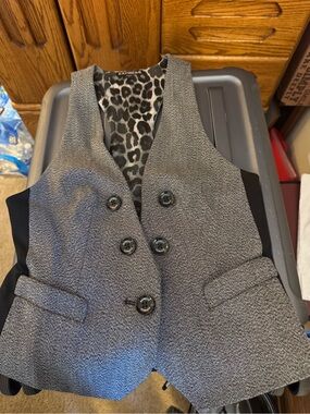 Express Gray Textured Double-Breasted Vest with Leopard Lining